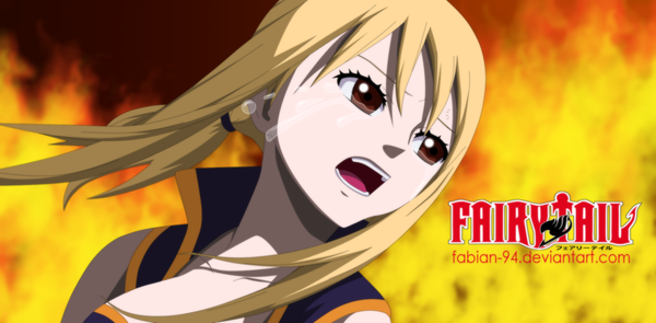 Anime picture 2031x1000 with fairy tail lucy heartfilia fabiansm single long hair highres open mouth blonde hair wide image brown eyes ponytail inscription tears coloring crying girl fire