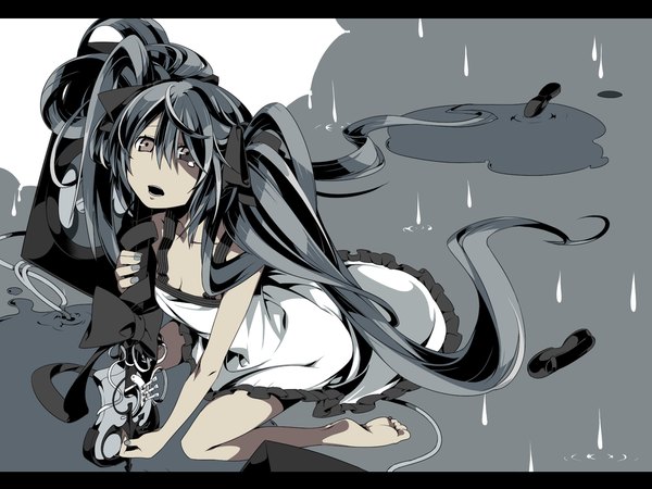 Anime picture 1024x768 with vocaloid hatsune miku keruberosu-a long hair open mouth black hair twintails brown eyes barefoot no shoes rain girl dress speakers