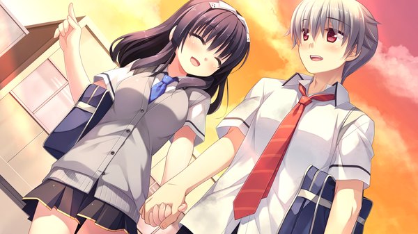 Anime picture 1920x1080 with kurano kun chi no futago jijou kurano yae kanekiyo miwa long hair blush highres short hair open mouth black hair smile red eyes wide image game cg silver hair eyes closed couple holding hands girl boy uniform