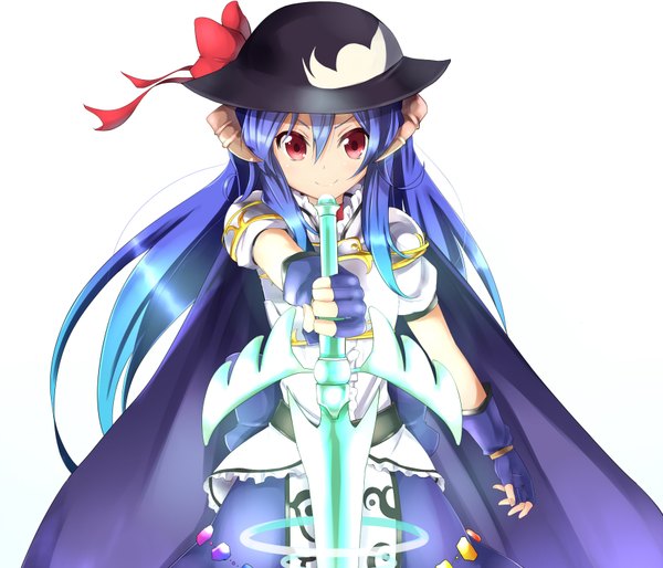 Anime picture 1750x1500 with touhou hinanawi tenshi amano kouki single long hair highres simple background red eyes white background blue hair horn (horns) girl dress weapon hat sword fingerless gloves hisou no tsurugi