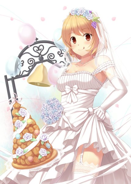 Anime picture 800x1118 with touhou aki minoriko yosshii (ropichan2) single tall image blush short hair blonde hair red eyes :p wedding girl dress gloves flower (flowers) petals elbow gloves sweets tongue bouquet