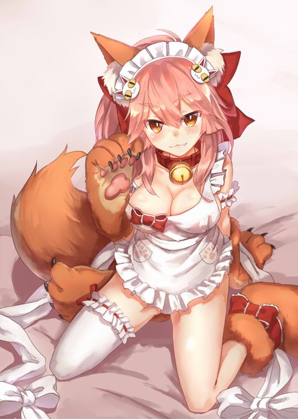 Anime picture 1240x1748 with fate (series) fate/grand order fate/extra tamamo (fate) (all) tamamo cat (fate) hankon single long hair tall image looking at viewer blush fringe breasts light erotic smile sitting animal ears yellow eyes pink hair tail