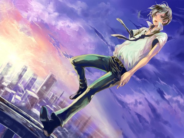 Anime picture 1400x1055 with original moc sky cloud (clouds) city boy necktie candy
