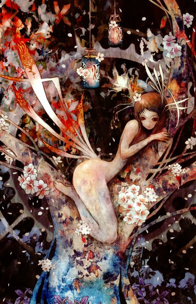 Anime picture 2253x3494 with poppic oriental (artbook) original kim kyounghwan single long hair tall image highres light erotic red eyes brown hair hair flower girl hair ornament flower (flowers) plant (plants) petals tree (trees) flashlight