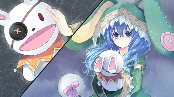 Anime picture 1280x720 with date a live yoshino (date a live) yoshinon long hair blue eyes wide image blue hair game cg loli rain multiview girl dress hood toy stuffed animal hand puppet