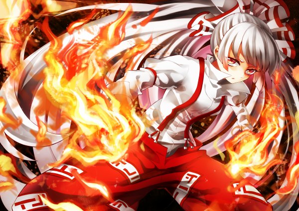 Anime picture 1200x848 with touhou fujiwara no mokou kyouda suzuka single long hair looking at viewer fringe red eyes silver hair ponytail fighting stance girl bow hair bow shirt white shirt fire suspenders flame