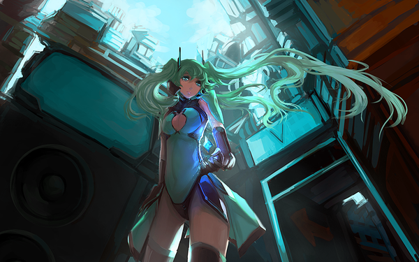 Anime picture 1440x900 with vocaloid hatsune miku blackrabbitsoul single long hair blush breasts wide image large breasts twintails looking away sky cloud (clouds) aqua eyes aqua hair hand on hip weightlessness girl thighhighs gloves