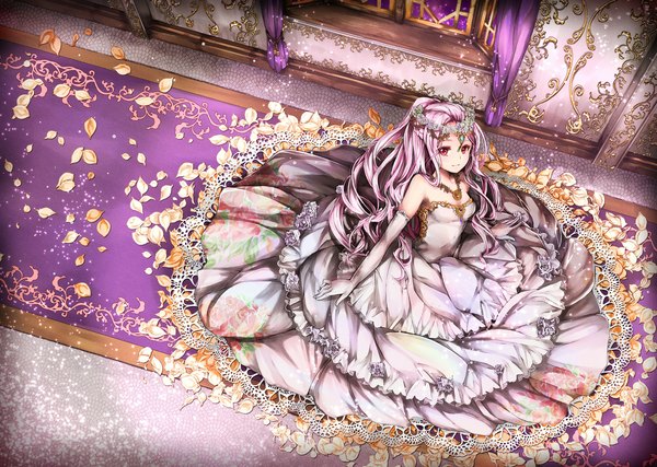 Anime picture 1193x850 with original takeda hotaru single long hair looking at viewer red eyes sitting bare shoulders pink hair ponytail from above outstretched arm girl dress gloves petals elbow gloves frills white gloves white dress