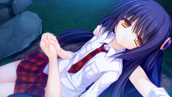 Anime picture 1920x1080 with kujiragami no tearstilla riru whale mikagami mamizu long hair looking at viewer highres black hair smile wide image yellow eyes game cg girl skirt shirt necktie