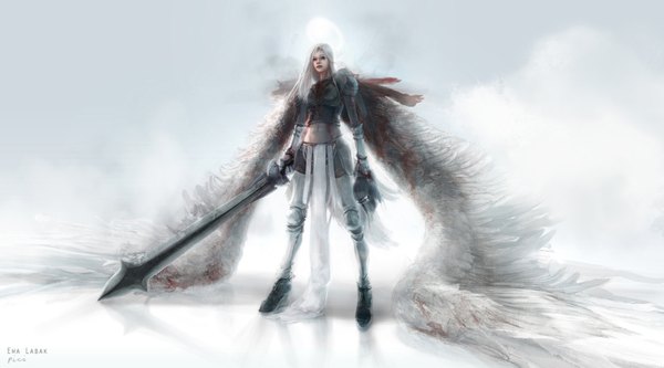 Anime picture 1664x924 with league of legends kayle (league of legends) ewalabak single long hair looking at viewer wide image standing signed white hair midriff girl gloves navel weapon sword wings armor blood helmet