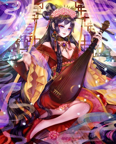 Anime picture 1207x1500 with original haruci single tall image looking at viewer blue eyes black hair sitting cleavage braid (braids) very long hair traditional clothes japanese clothes hair flower girl hair ornament flower (flowers) earrings petals kimono