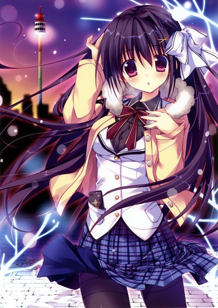 Anime picture 2220x3140 with original nanaroba hana single long hair tall image looking at viewer blush highres open mouth purple eyes purple hair scan open clothes open jacket girl skirt uniform bow hair bow school uniform