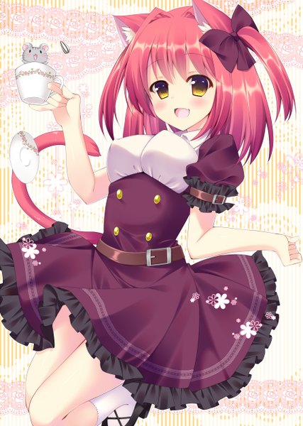 Anime picture 892x1252 with original bekotarou tall image looking at viewer short hair animal ears yellow eyes pink hair tail animal tail cat ears cat girl cat tail girl dress bow hair bow animal socks white socks