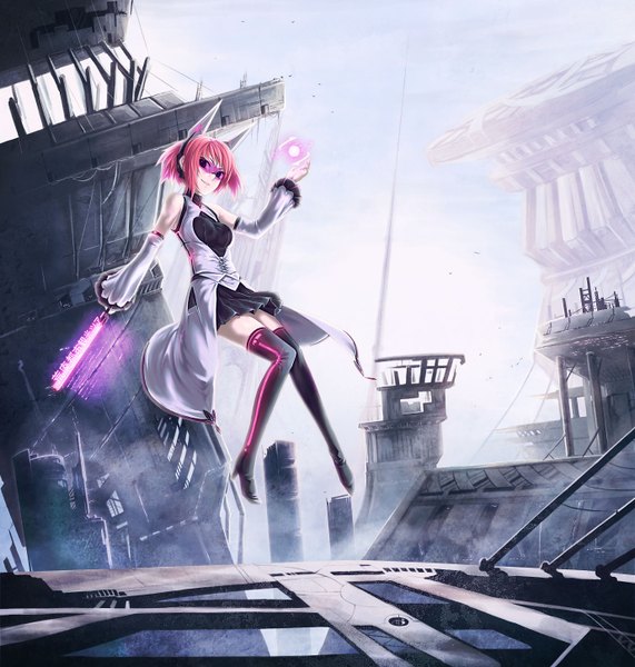 Anime picture 1380x1450 with un (alternatif) single tall image highres short hair smile animal ears pink hair city flying scenic girl thighhighs dress skirt detached sleeves sword glasses