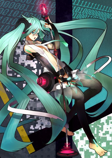 Anime picture 2153x3045 with vocaloid vocaloid append hatsune miku hatsune miku (append) shirabi tall image highres open mouth twintails very long hair barefoot aqua eyes aqua hair girl detached sleeves microphone stand