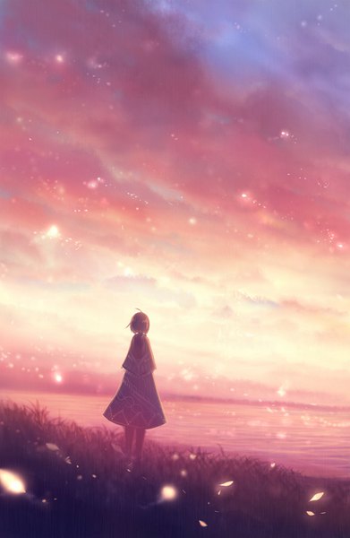 Anime picture 587x900 with original bounin single tall image short hair sky cloud (clouds) ahoge outdoors sparkle beach glowing girl skirt plant (plants) petals sea