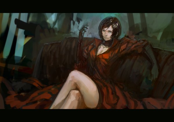 Anime picture 2000x1400 with resident evil ada wong blueman single highres short hair black hair sitting green eyes crossed legs letterboxed girl dress gloves elbow gloves
