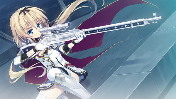 Anime picture 1280x720 with juukishi cutie bullet sara tefal yuuki hagure single long hair blue eyes blonde hair wide image twintails game cg girl thighhighs gloves bow weapon hair bow white thighhighs gun