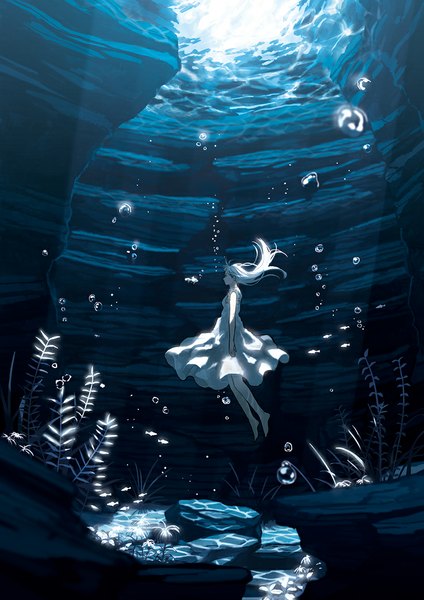 Anime picture 818x1158 with original amemura single long hair tall image white hair barefoot sunlight grey eyes underwater swimming girl dress flower (flowers) plant (plants) white dress sundress bubble (bubbles) fish (fishes)