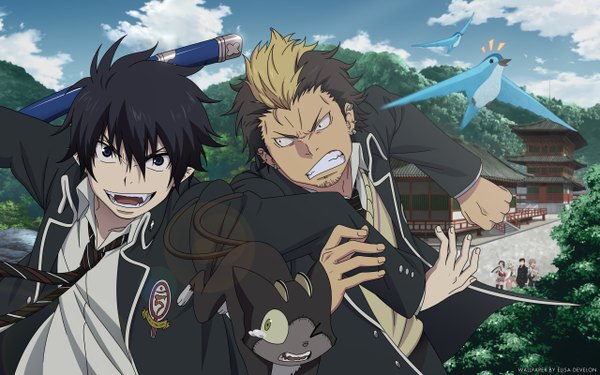 Anime picture 2560x1600 with ao no exorcist a-1 pictures okumura rin okumura yukio moriyama shiemi shima renzou kamiki izumo suguro ryuuji kuro (ao no exorcist) looking at viewer fringe highres short hair open mouth blue eyes black hair blonde hair brown hair wide image multiple girls