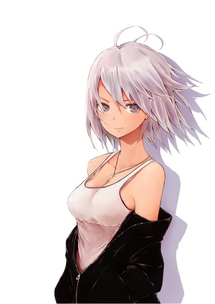 Anime picture 1254x1771 with original rutchifu single tall image looking at viewer short hair breasts simple background smile large breasts white background bare shoulders pink hair ahoge pink eyes open clothes open jacket shadow hands in pockets girl