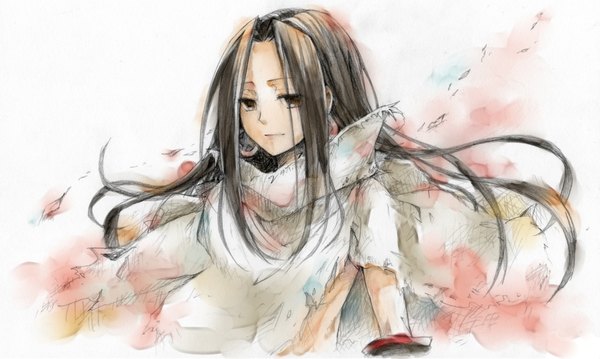 Anime picture 2000x1199 with shaman king xebec asakura hao mare (artist) single long hair highres brown hair wide image white background brown eyes light smile boy gloves earrings leaf (leaves) poncho