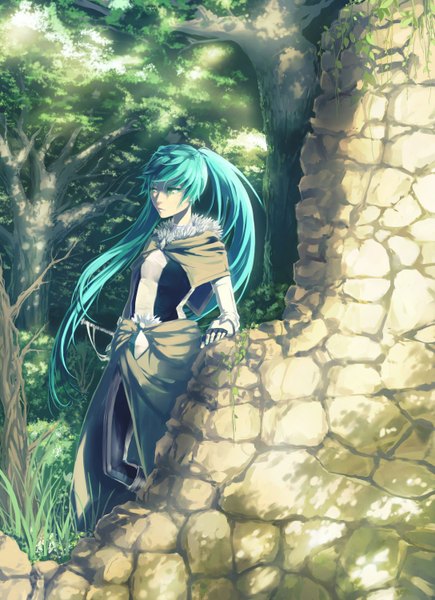 Anime picture 1088x1500 with vocaloid hatsune miku ko2915277ok single long hair tall image standing twintails green eyes wind aqua hair shadow ruins girl plant (plants) tree (trees) grass forest