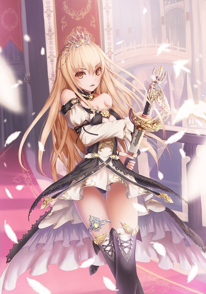 Anime picture 800x1139 with original h2o (dfo) single long hair tall image looking at viewer blush fringe breasts light erotic blonde hair hair between eyes standing bare shoulders holding yellow eyes full body parted lips wind puffy sleeves