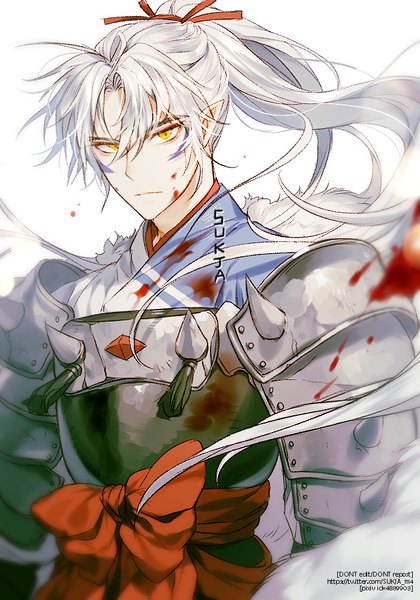 Anime picture 700x1000 with inuyasha inu no taishou sorolp single long hair tall image looking at viewer simple background signed yellow eyes upper body white hair ponytail traditional clothes japanese clothes pointy ears serious blood on face bloody clothes blood stains