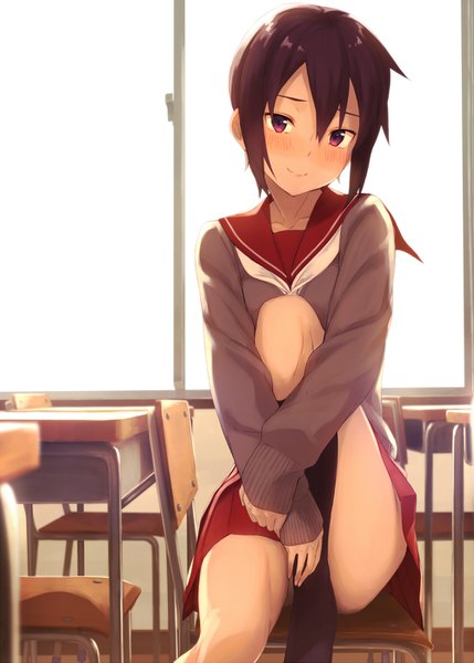 Anime picture 1000x1399 with original kinta (distortion) single tall image looking at viewer blush fringe short hair light erotic smile hair between eyes red eyes brown hair sitting payot bent knee (knees) indoors head tilt pleated skirt sleeves past wrists
