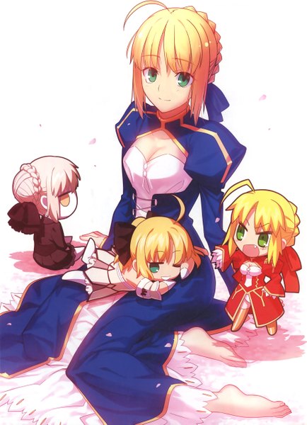 Anime picture 3693x5100 with fate (series) fate/stay night fate/extra fate/unlimited codes artoria pendragon (all) saber nero claudius (fate) (all) saber alter nero claudius (fate) saber lily takeuchi takashi long hair tall image fringe highres breasts open mouth smile sitting green eyes