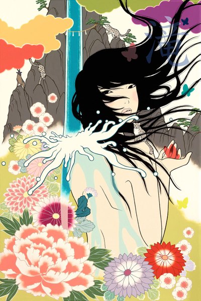 Anime picture 1067x1600 with original yumiko kayukawa long hair tall image black hair cloud (clouds) wind from behind wet back mountain rock waterfall butterfly on hand giant girl flower (flowers) plant (plants) animal tree (trees)