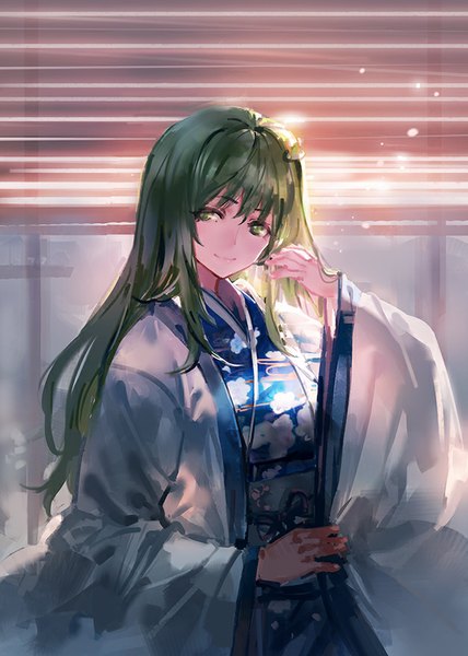 Anime picture 628x880 with touhou kochiya sanae kishiyo single long hair tall image green eyes looking away traditional clothes japanese clothes green hair light smile sunlight floral print revision girl hair ornament kimono obi hairpin (hairpins)