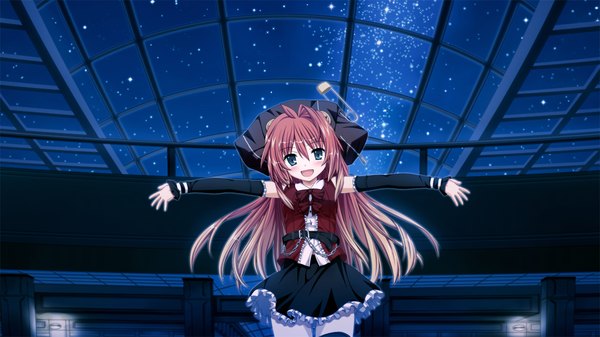 Anime picture 1280x720 with fortissimo//akkord:bsusvier (game) satomura momiji ooba kagerou long hair blush open mouth blue eyes wide image game cg red hair girl dress detached sleeves