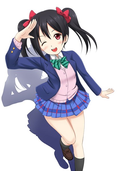 Anime picture 800x1130 with love live! school idol project sunrise (studio) love live! yazawa nico fuuma nagi single long hair tall image looking at viewer blush open mouth black hair simple background red eyes white background twintails one eye closed wink shadow girl