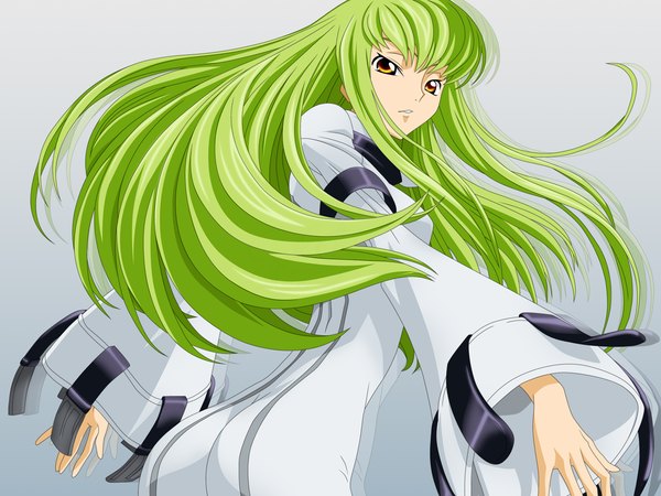 Anime picture 1600x1200 with code geass sunrise (studio) c.c. single long hair fringe simple background standing ass long sleeves parted lips looking back green hair from behind wide sleeves girl