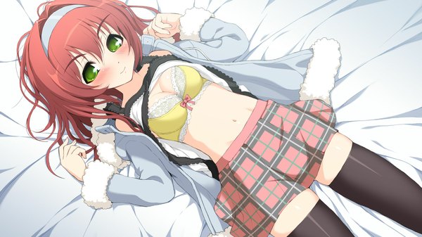 Anime picture 2048x1152 with axanael (game) blush highres light erotic wide image green eyes game cg red hair girl thighhighs black thighhighs
