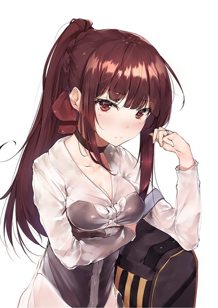 Anime picture 1075x1518 with girls frontline wa2000 (girls frontline) hplay (kyoshinou) single long hair tall image looking at viewer blush fringe breasts light erotic simple background brown hair large breasts white background brown eyes payot cleavage ponytail blunt bangs