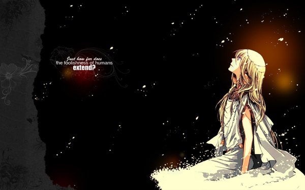 Anime picture 1440x900 with olimpos aki single long hair blue eyes blonde hair wide image sitting sky inscription dark background looking up girl dress