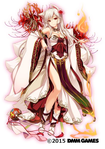 Anime picture 1132x1601 with flower knight girl higanbana (flower knight girl) moneti (daifuku) single long hair tall image looking at viewer fringe breasts light erotic simple background smile hair between eyes red eyes large breasts standing white background holding animal ears payot