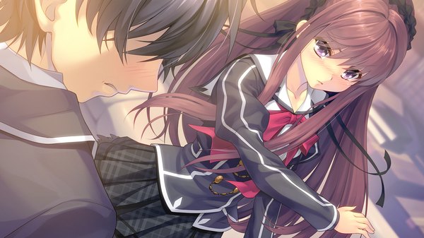 Anime picture 1280x720 with tokeijikake no ley line shishigatani ushio koga mitsuyoshi urabi (tomatohouse) long hair blush short hair black hair wide image purple eyes game cg red hair girl boy uniform school uniform hairband