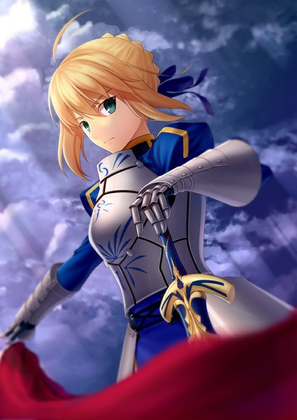 Anime picture 707x1000 with fate (series) fate/stay night type-moon artoria pendragon (all) saber kai (link2262) single tall image looking at viewer short hair blue eyes blonde hair sky cloud (clouds) girl weapon sword armored dress
