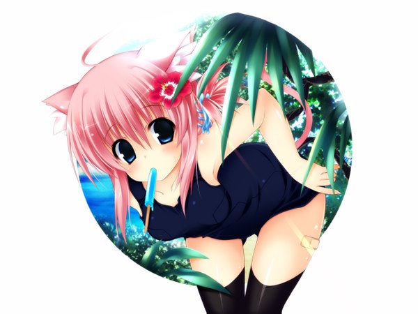 Anime picture 1333x1000 with original ojitcha long hair blue eyes light erotic animal ears pink hair hair flower cat ears cat tail girl thighhighs hair ornament black thighhighs swimsuit food sweets one-piece swimsuit ice cream school swimsuit