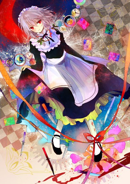 Anime picture 744x1052 with touhou izayoi sakuya kazu (muchuukai) single tall image looking at viewer short hair smile red eyes purple hair long sleeves maid puffy sleeves checkered floor dress lift floor girl dress uniform bow