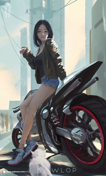 Anime picture 1152x1910 with one-punch man original madhouse wlop single long hair tall image breasts open mouth black hair holding signed looking away bent knee (knees) outdoors arm up lips black eyes bare legs tattoo