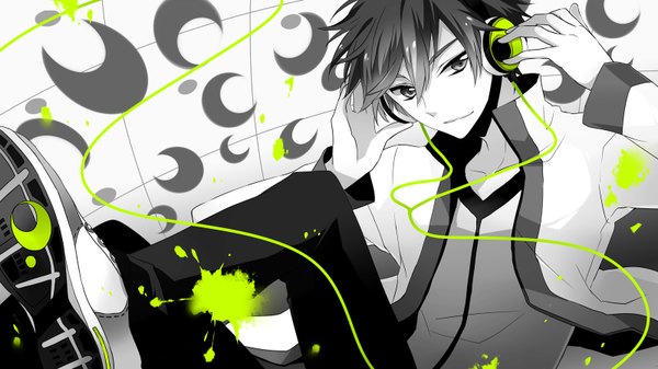 Anime picture 1600x900 with vocaloid rolling girl (vocaloid) kaito (vocaloid) ponjiritsu single fringe short hair black hair smile wide image sitting looking away light smile arms up grey eyes wallpaper monochrome eyebrows spot color hand on headphones