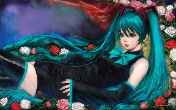 Anime picture 1920x1200 with vocaloid hatsune miku pon00000 (pixiv) single fringe highres wide image twintails lying nail polish aqua eyes lips aqua hair girl thighhighs dress hair ornament flower (flowers) bow detached sleeves