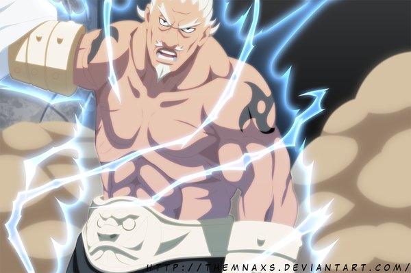 Anime picture 1600x1064 with naruto studio pierrot naruto (series) raikage themnaxs single short hair open mouth white hair black eyes tattoo coloring magic black background smoke muscle angry boy