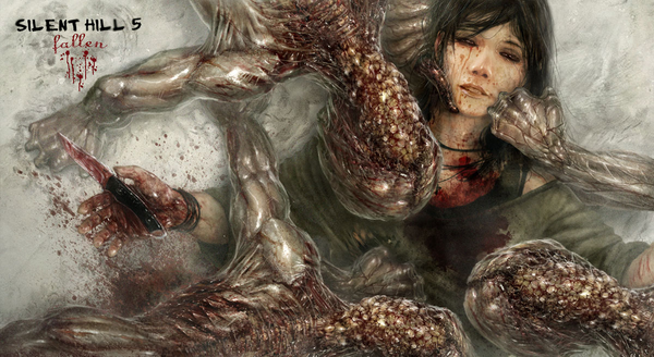 Anime picture 1200x657 with silent hill omen2501 long hair looking at viewer open mouth black hair wide image black eyes realistic inscription teeth injury death guro girl tongue blood knife monster