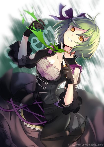 Anime picture 744x1052 with unlight sheri aki663 single tall image looking at viewer fringe short hair smile hair between eyes standing holding signed ahoge green hair teeth orange eyes character names watermark gothic